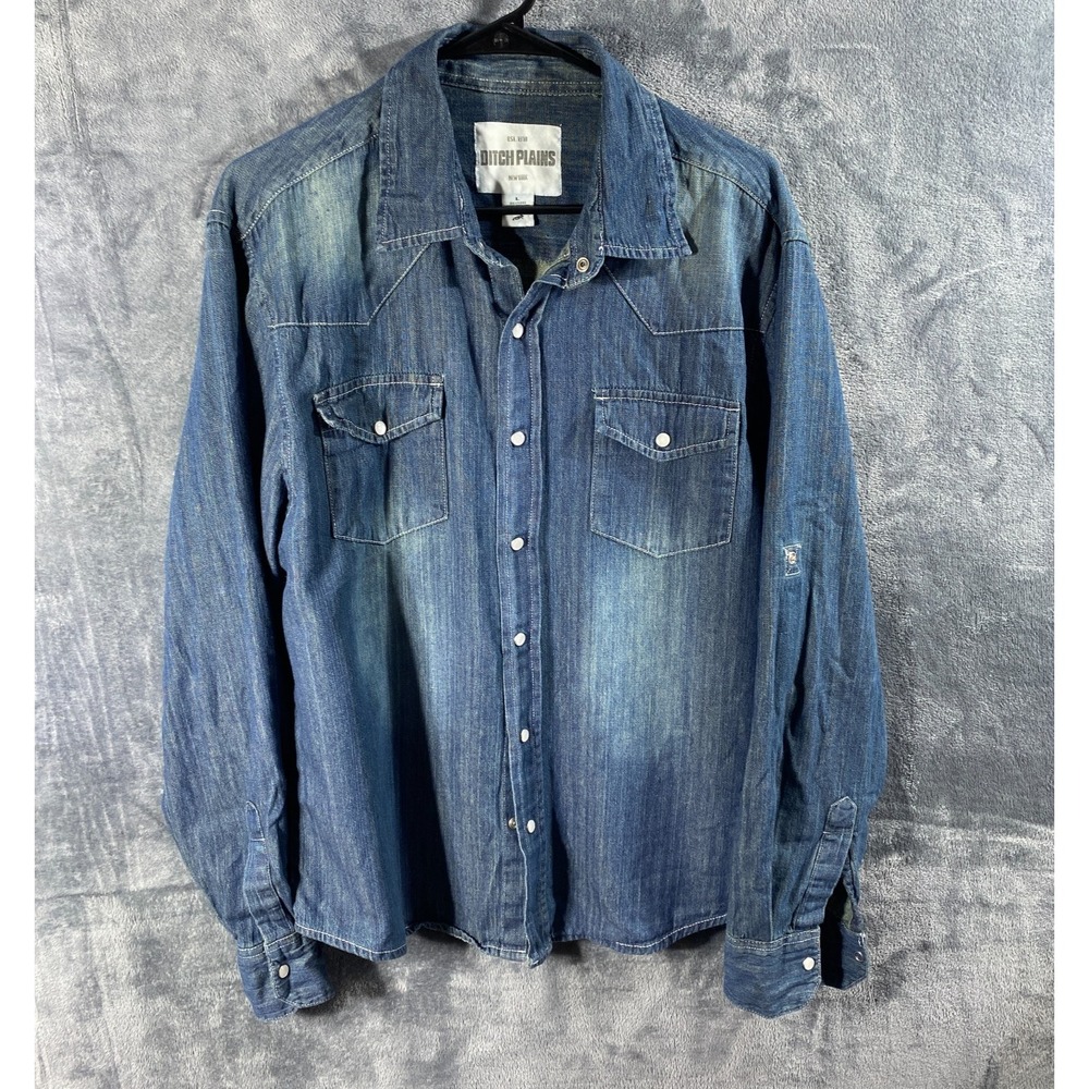 Ditch Plains Chambray Western Shirt Mens L Yoke Long Sleeve Denim Fade Cowboy